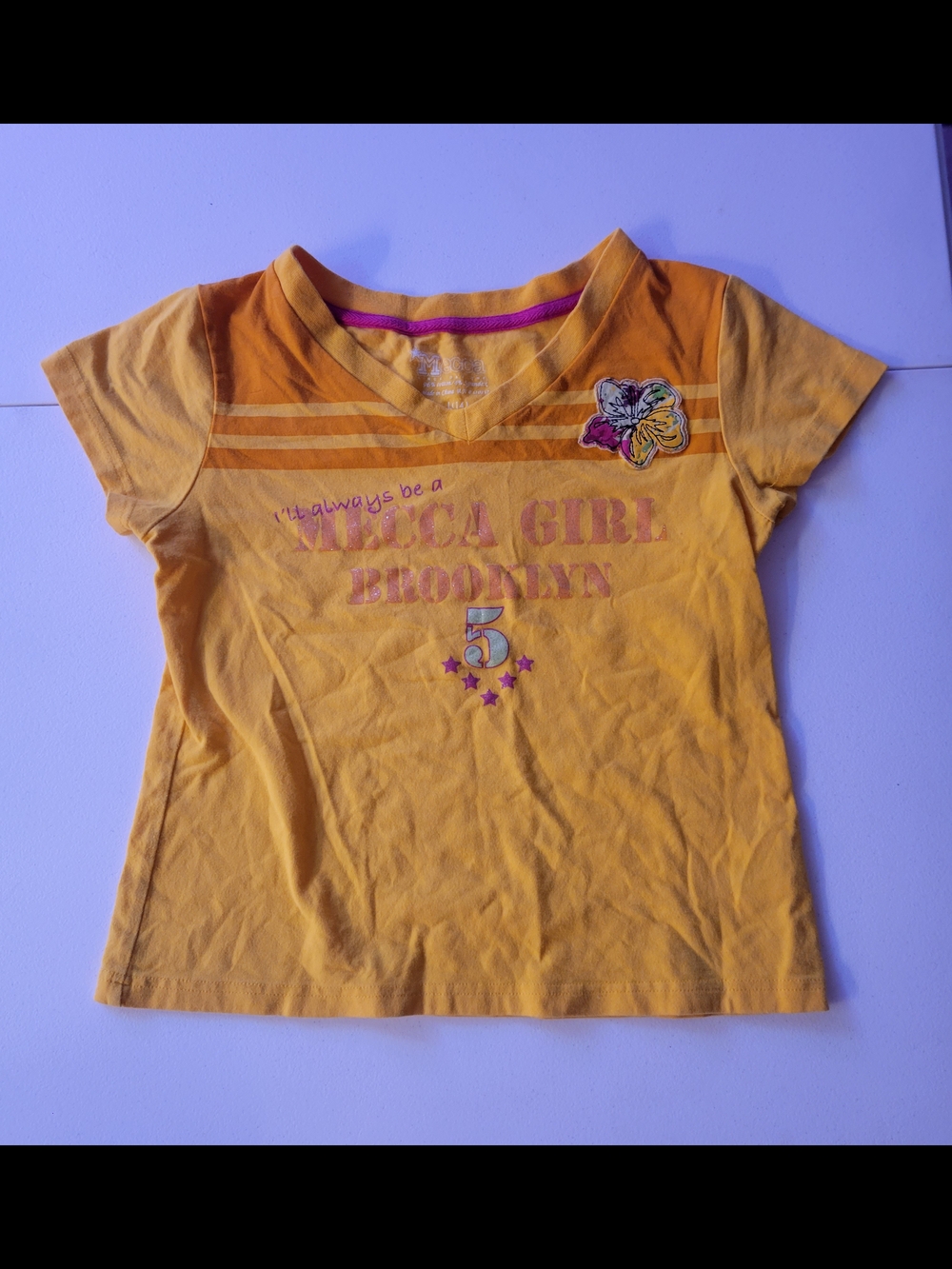 mecca Yellow Orange Graphic 'America Girl Brooklyn' Short Sleeve Tee